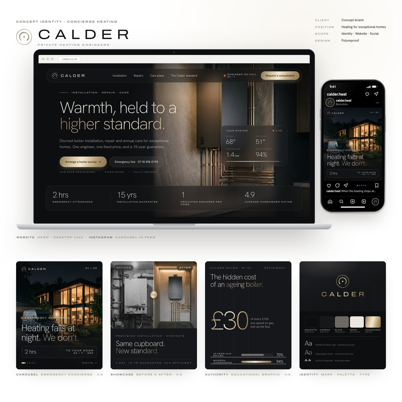 Calder, a concept brand. Identity, website and social posts