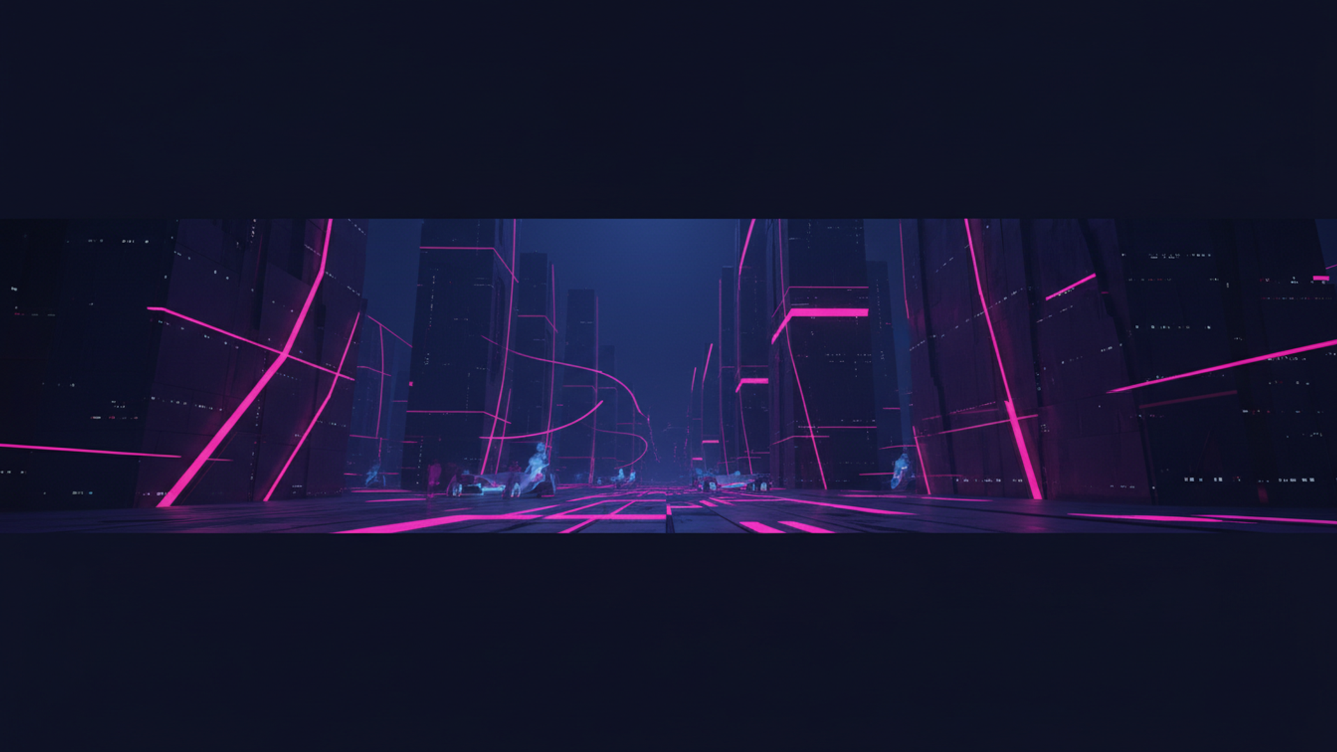 AI generated image: A photo background that encapsulates the business's audience, neon, dark blue (#091732) and purple-blue (#182788), with accents of fuchsia pink (#F72585)