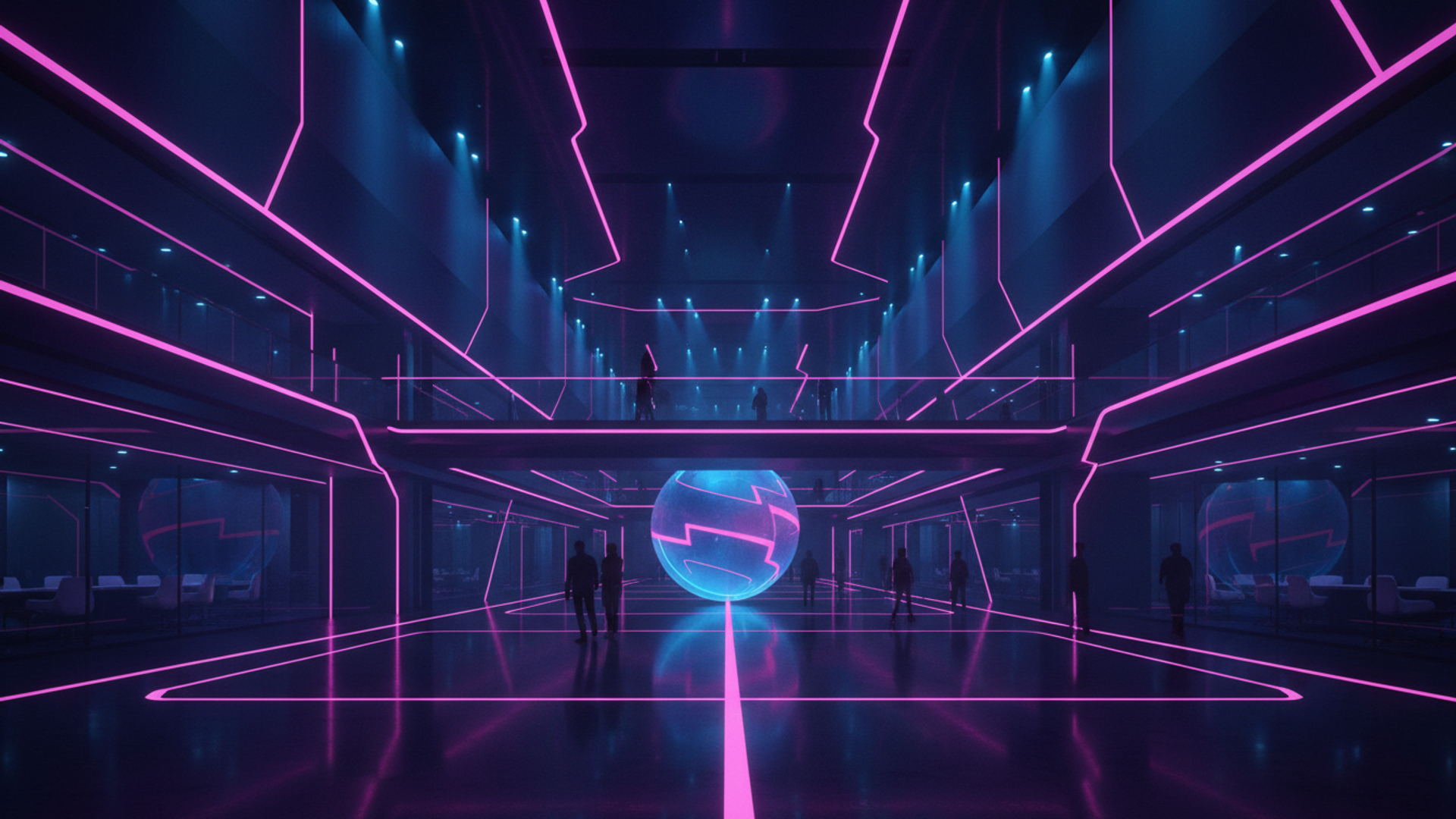 AI generated image: The background image should be a high quality photo that represents the business, neon, dark blue (#091732) and purple-blue (#182788), with accents of fuchsia pink (#F72585) [ai_background]