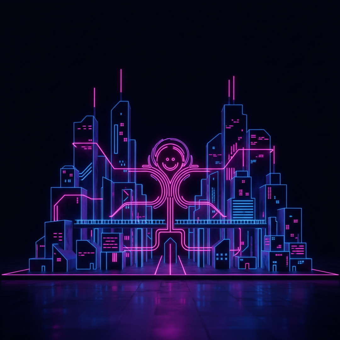 AI generated image: Please generate a photo that represents a happy the benefits of the business, neon, dark blue (#091732) and purple-blue (#182788), with accents of fuchsia pink (#F72585).