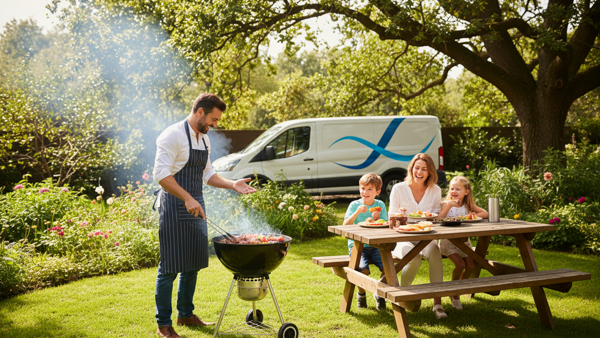 AI generated image: A sunny outdoor scene with a family having a barbecue in their backyard, surrounded by lush greenery. A Coastal Drains van is visible in the background, emphasizing readiness and reliability. The mood
